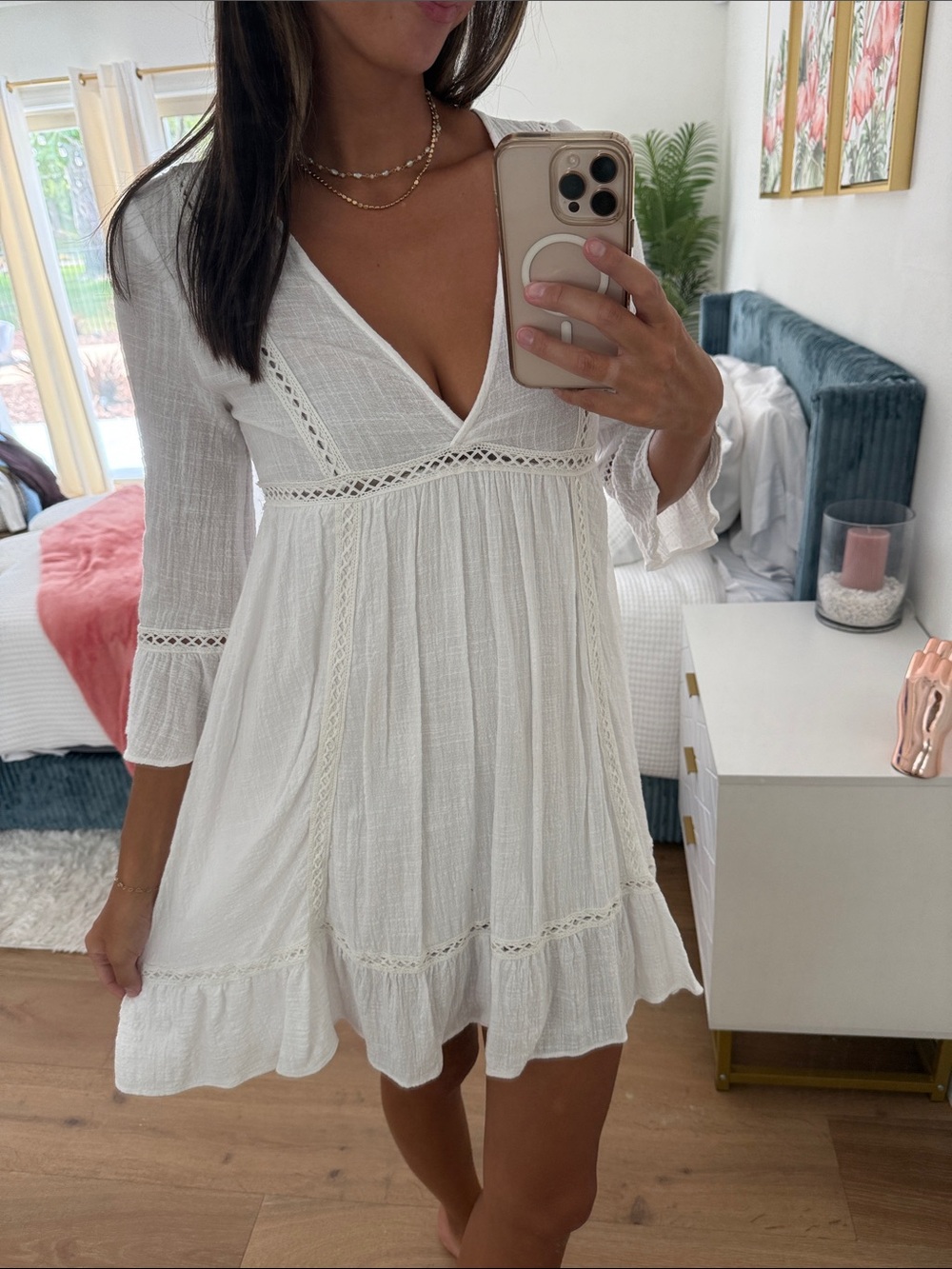 Olivaceous Cream V-Neck Lace-Trim Tiered Babydoll Dress - Picture 1 of 4
